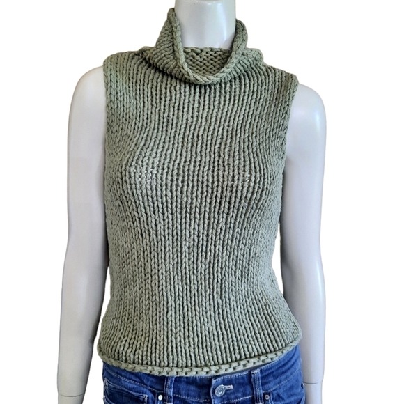 Vintage 90s Y2K Hand Knit Sweater XS Olive Green Sleeveless Chunky - Picture 2 of 5